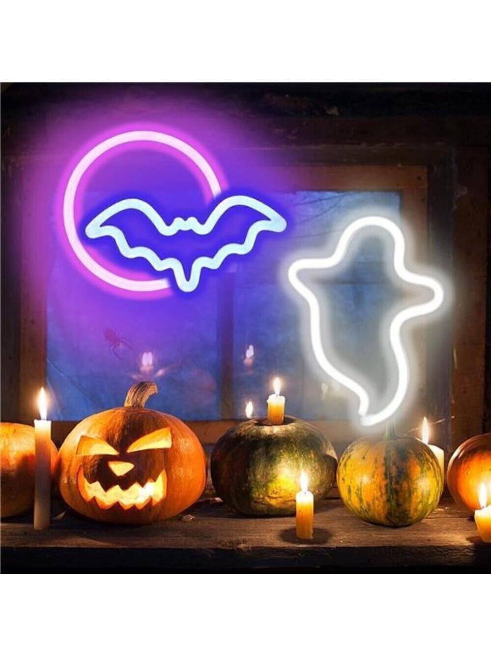 2 Pack Halloween Neon Signs White Ghost Blue Bat Full Moon Lights Decorations
